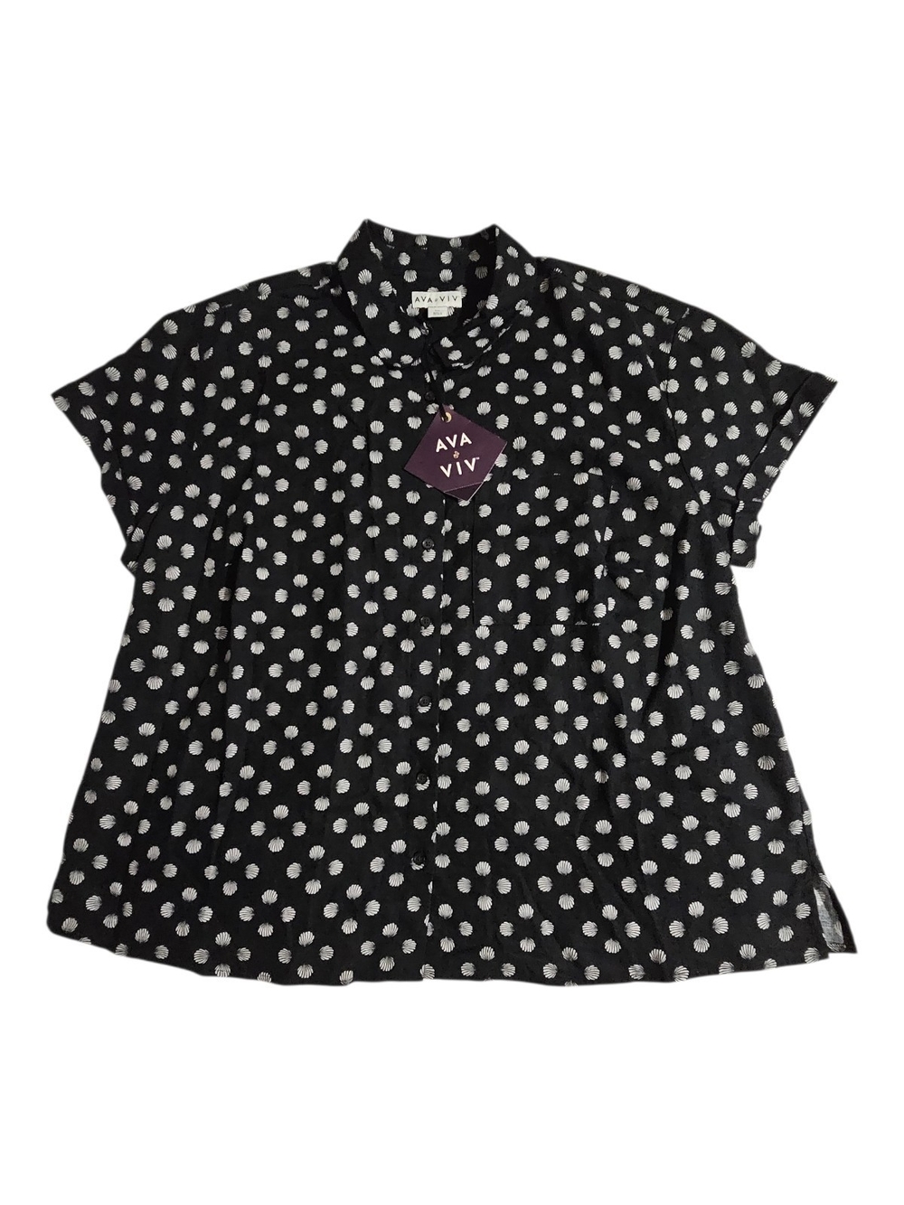 Ava & Viv Black and White Polka Dot Short Sleeve Button-Down Top